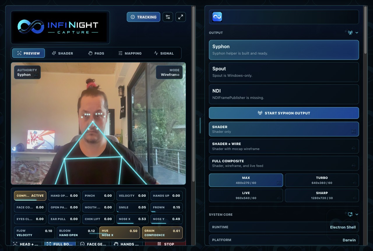 INFINIGHTCapture app with Shader output mode selected